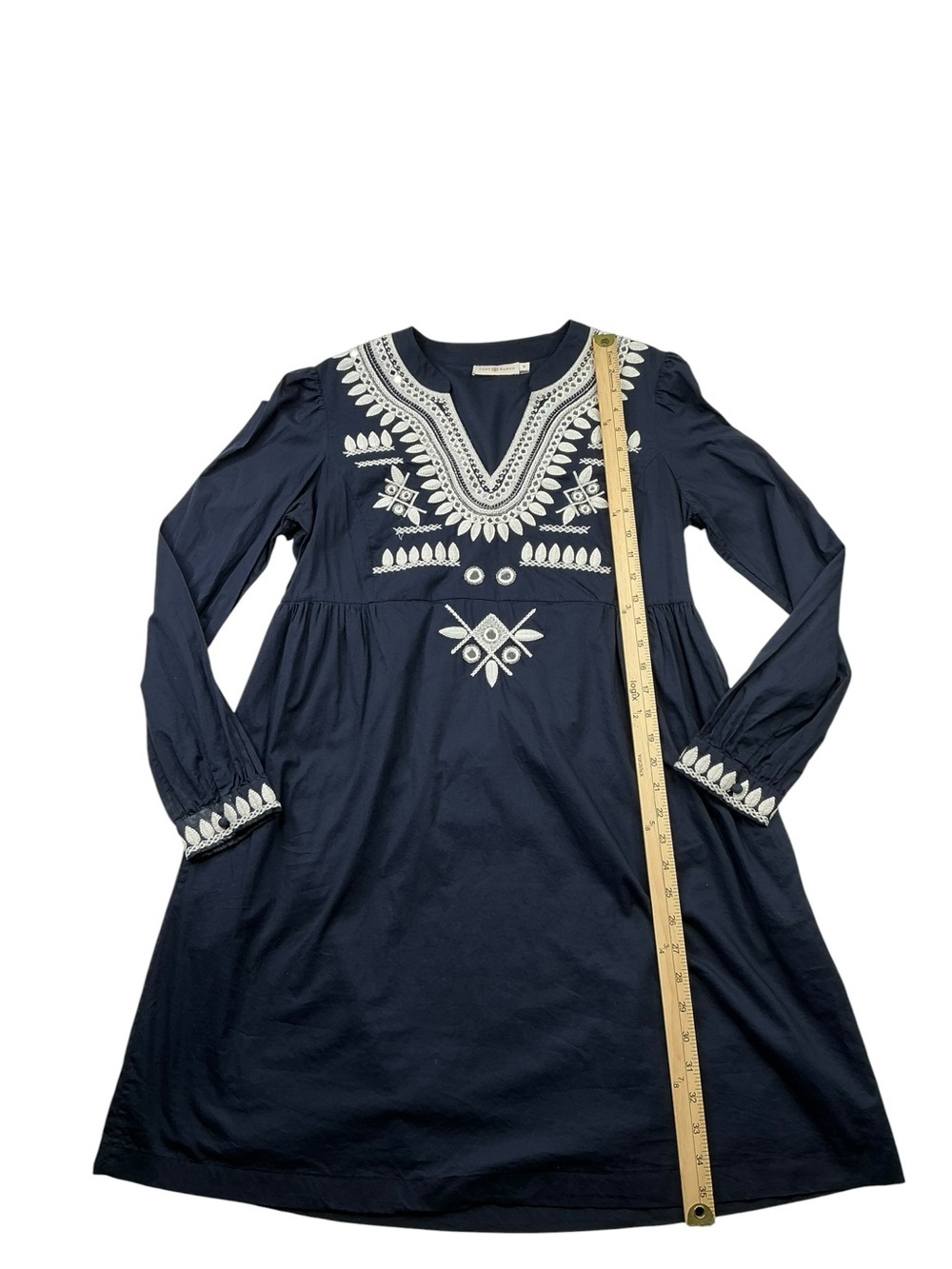 Tory Burch Keegan Embroidered Cotton Dress Navy Boho Size 10 - Picture 12 of 16